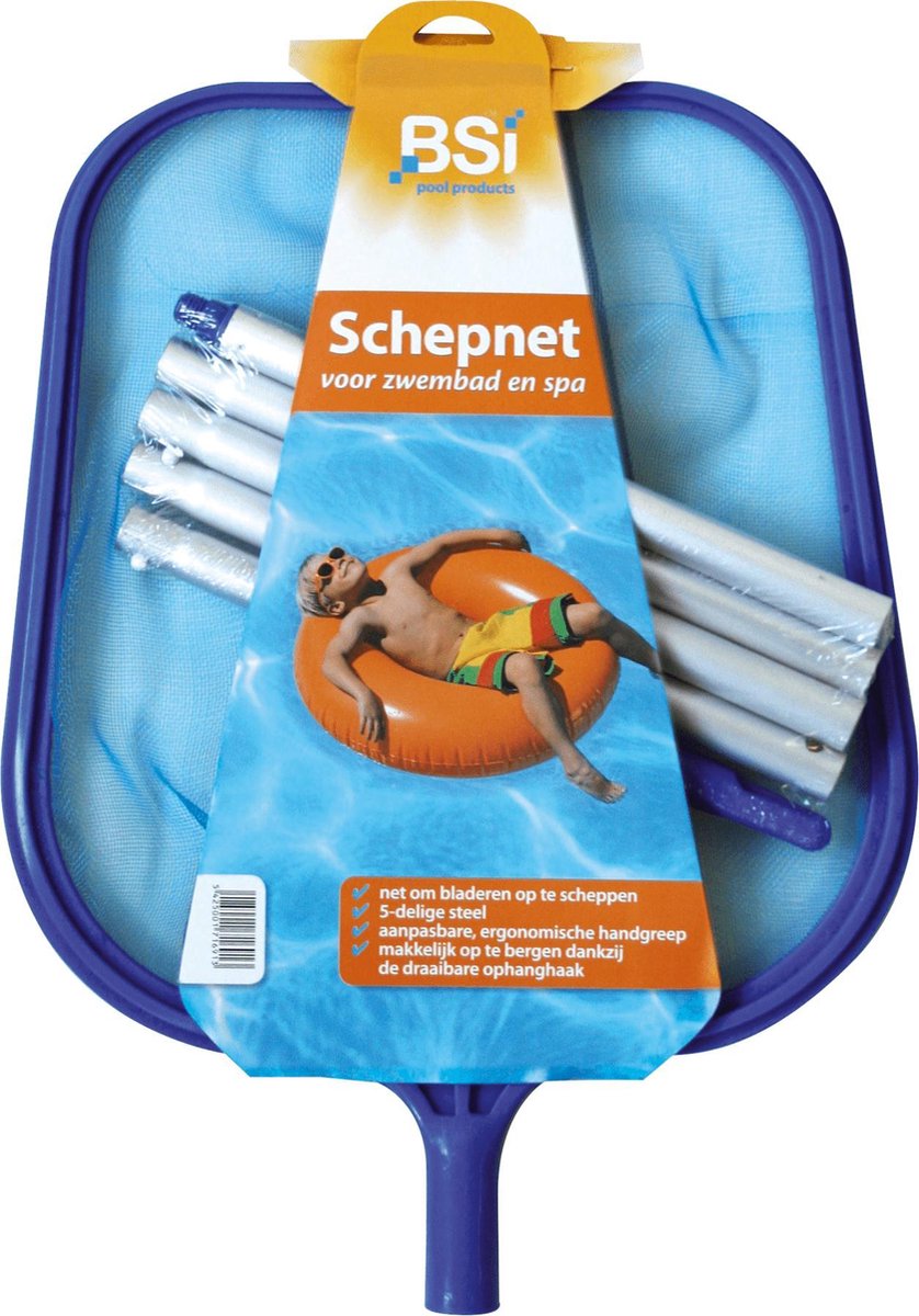 BSI - Schepnet voor zwembad en spa - Met kliksysteem - Ergonomische handgreep - 5-delige steel - Ophanghaak - Schoonmaken zwembad - verwijderen van vuil en bladeren - 140 CM