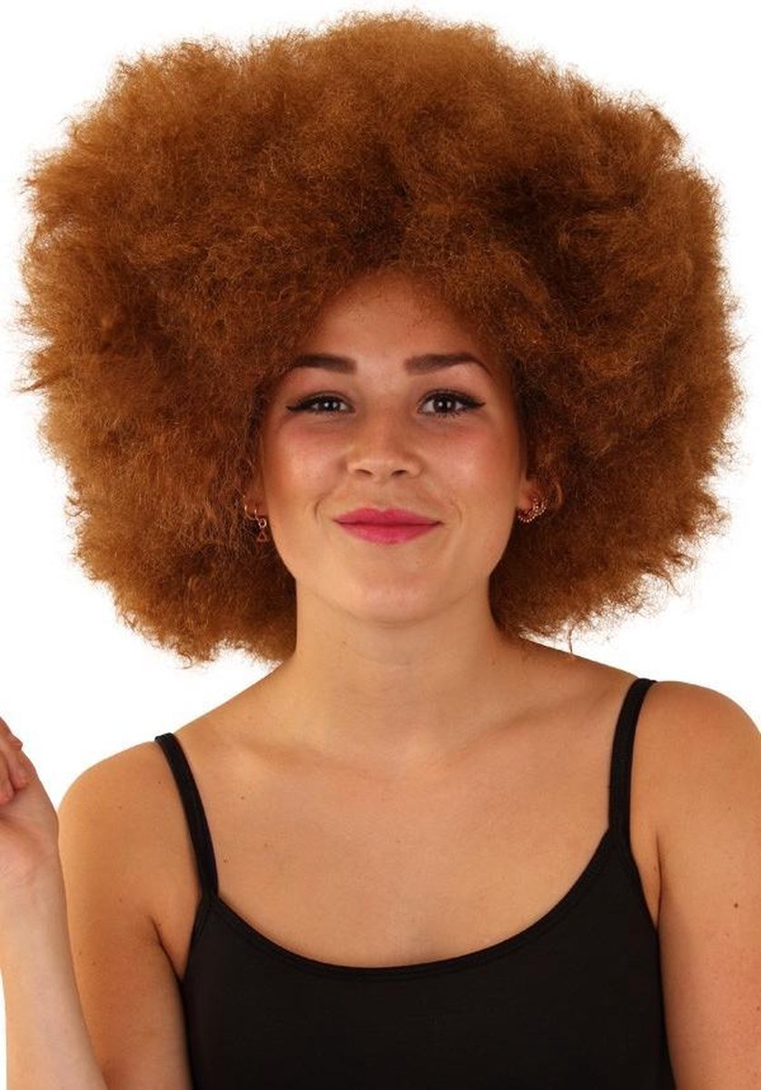 Afro pruik bruin disco - one size - festival disco carnaval afrokapsel