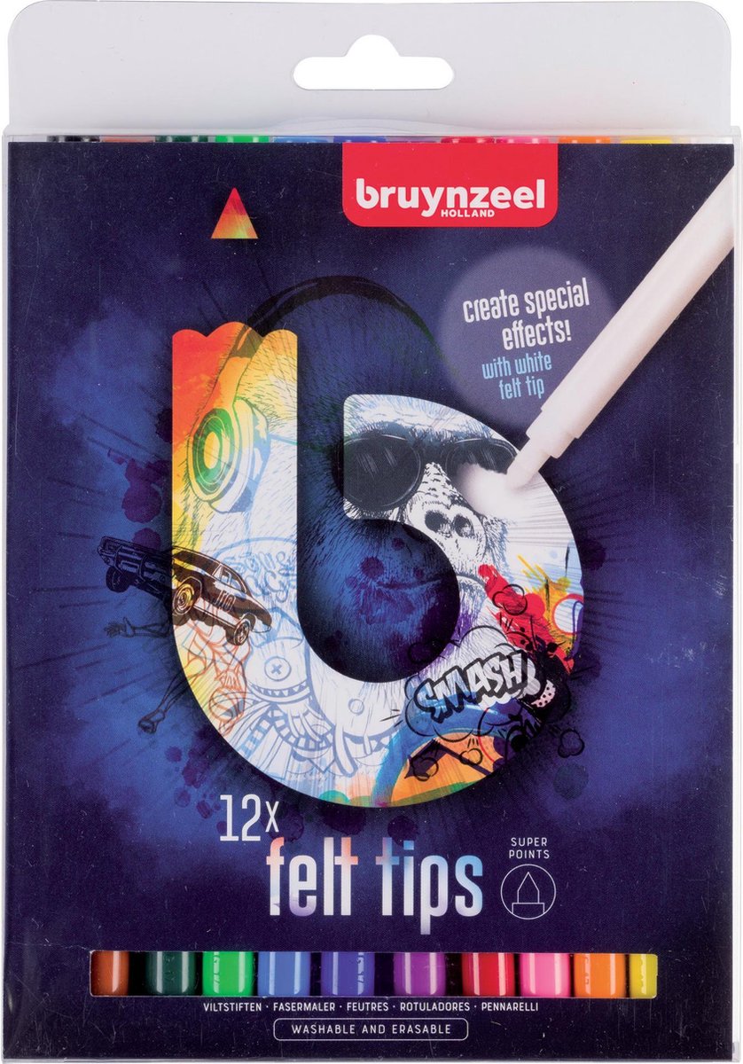 Bruynzeel Teens 12 super viltstiften - met witte wis-stift