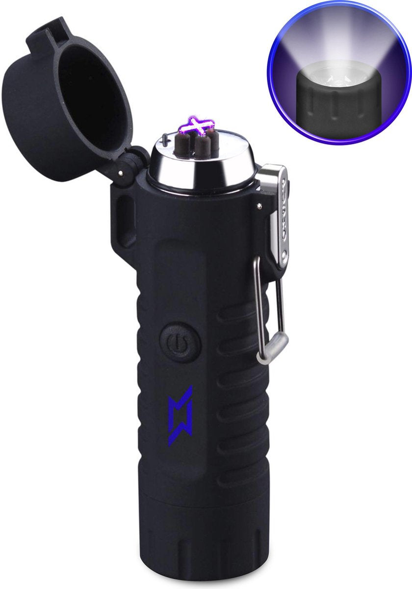 Superlit Plasma Aansteker – Elektrische Stormaansteker - Waterdicht  met Militaire Zaklamp -  Survival Black
