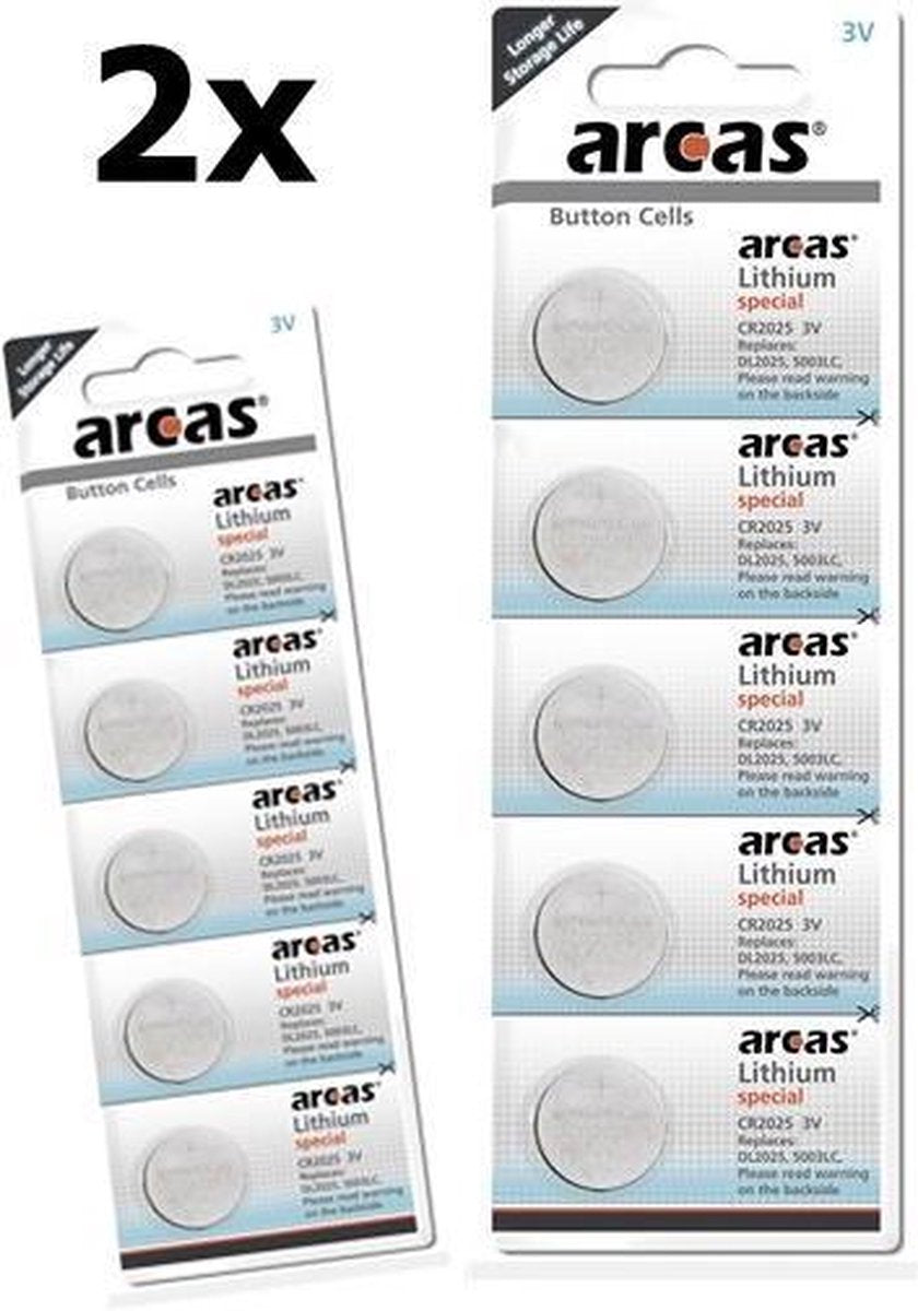 10 Stuks (2 Blisters a 5st) - Arcas CR2025 165mAh 3V batterij