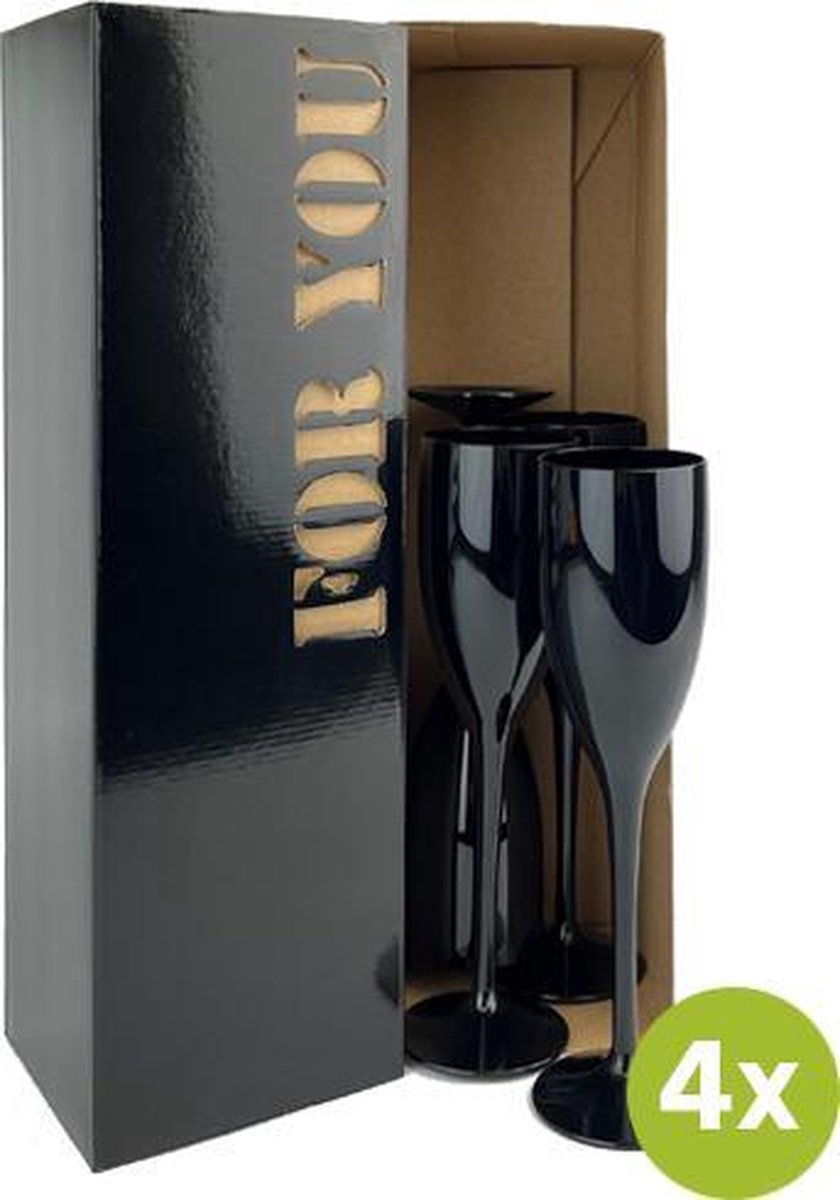4x Champagneglas Troyes zwart 12cl cadeauset | Onbreekbare kunststof / plastic drinkglazen
