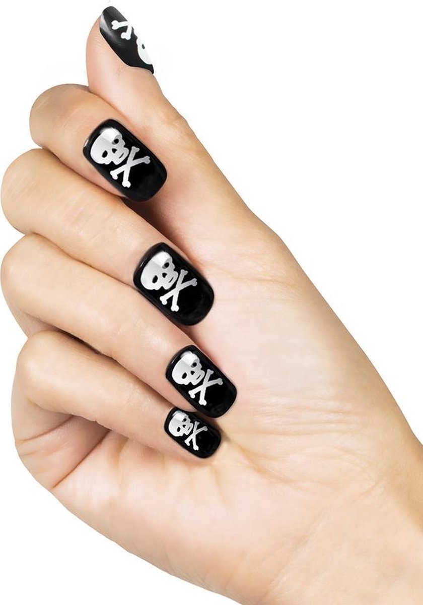 12 stuks: Set a 24 Kunstnagels Piraat / Doodshoofd - Zwart-Wit - Nepnagels