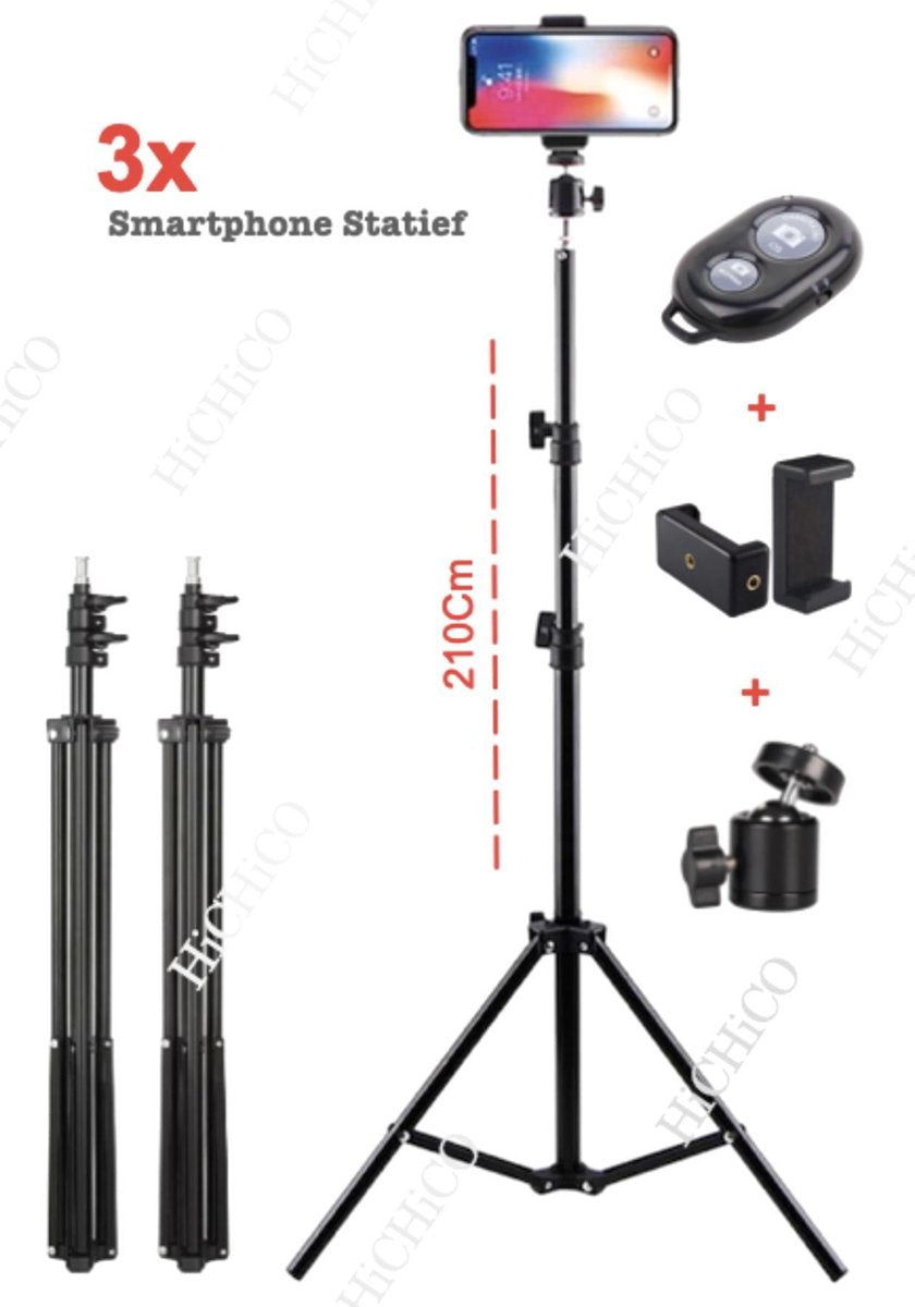 3x Camerastatief 210Cm Voor Fotocamera en Smartphone - iPhone - Canon - Nikon - Spiegelreflexcamera Inc. Bluetooth Remote Shutter
