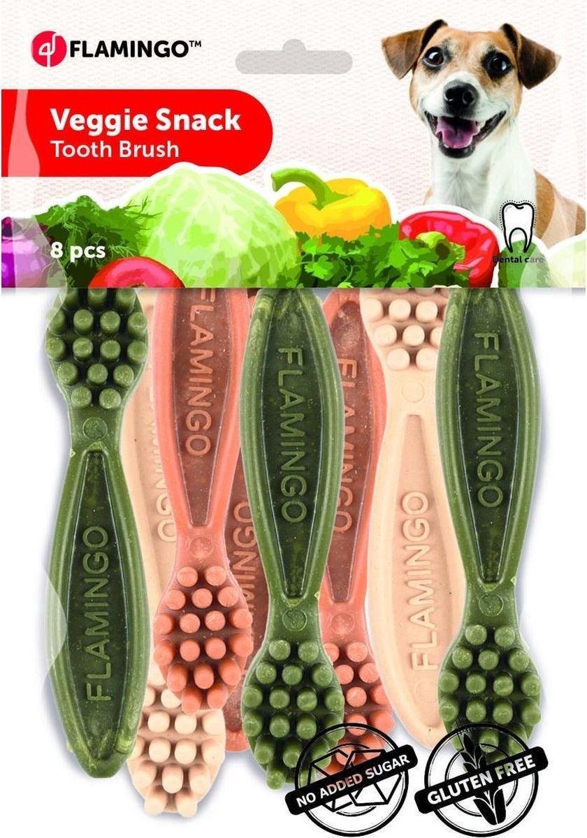 Flamingo hondensnack Veggie tandenborstel 10cm 8st mix