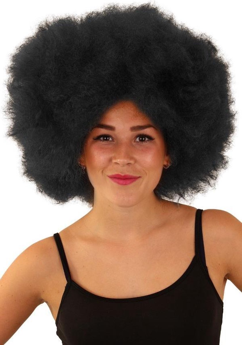 Afro pruik zwart disco - one size - festival disco carnaval afrokapsel