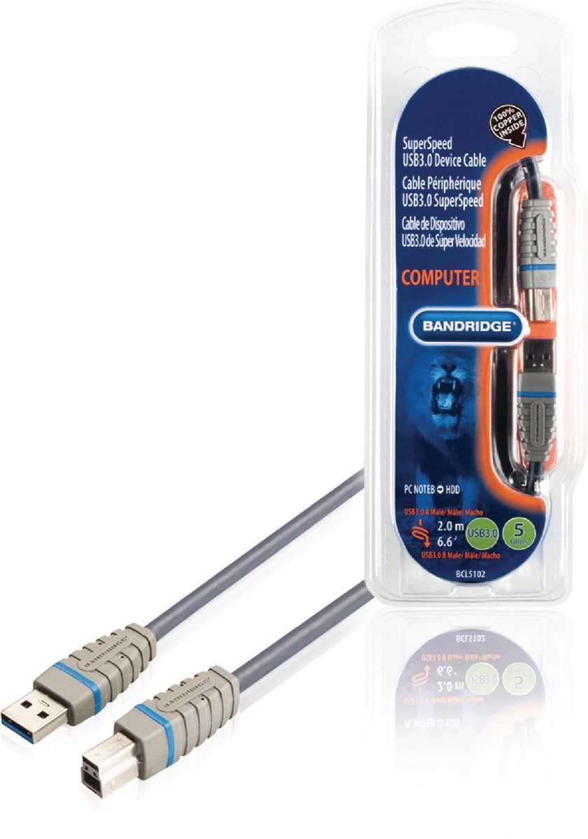 Bandridge - USB 3.0 A-B Kabel - Grijs - 2 meter