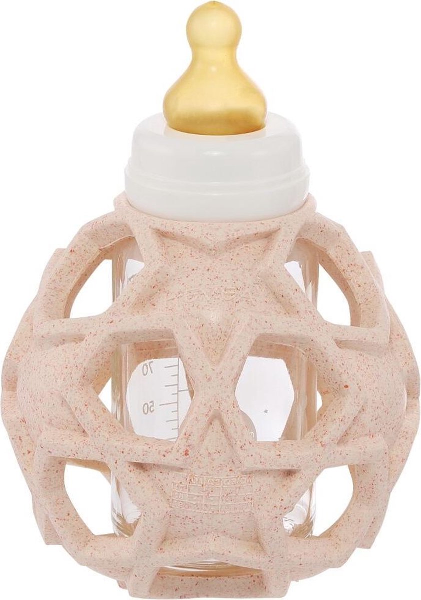 HEVEA 2in1 drinkfles - glas - Met Speelbal - 0+  - Upcycled Peach