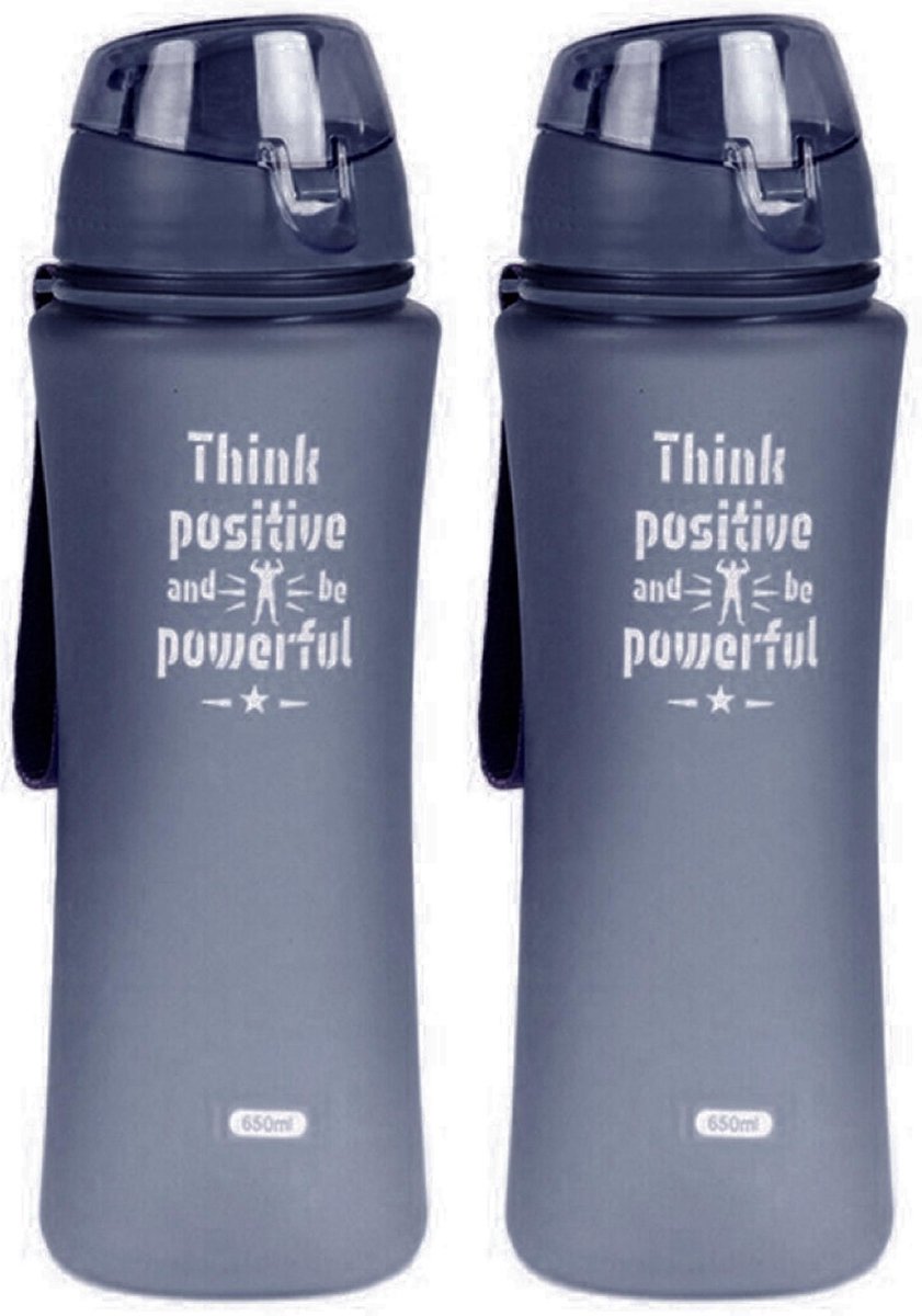 2x Sport Bidon drinkfles/waterfles Think Positive print grijs 650 Ml van Kunststof