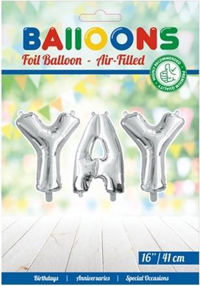 Folie ballon woord YAY 41 cm groot in de kleur zilver