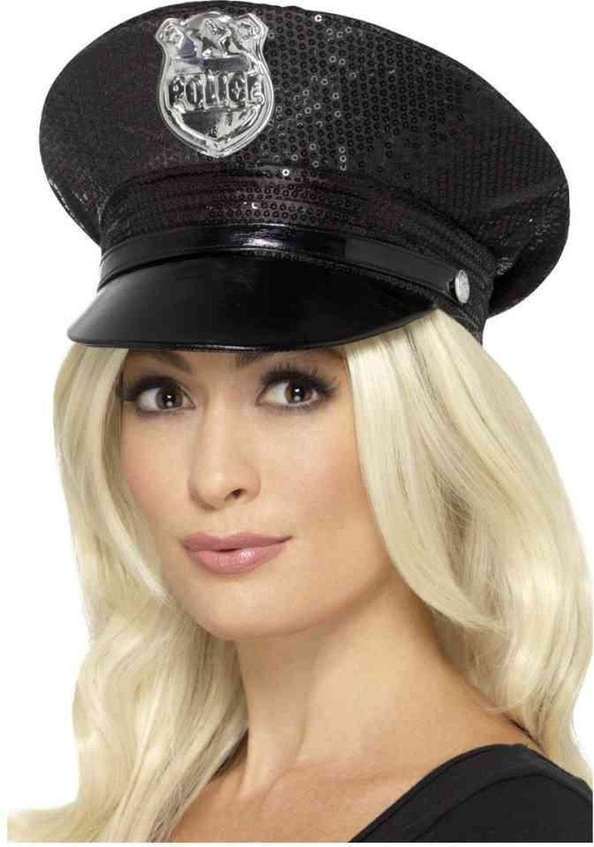 Zwart politie pet met lovertjes voor vrouwen - Verkleedhoofddeksel
