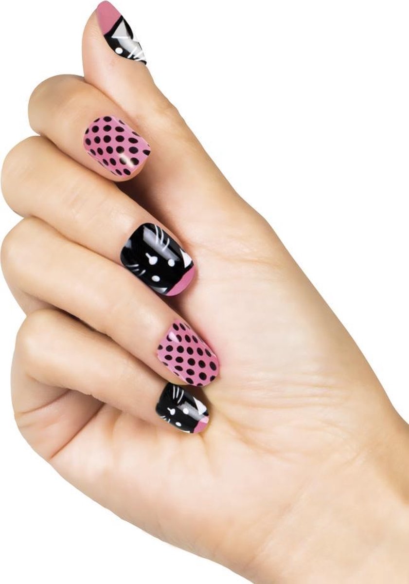 12 stuks: Set a 24 Kunstnagels Kitty - Zwart-Roze - Nepnagels