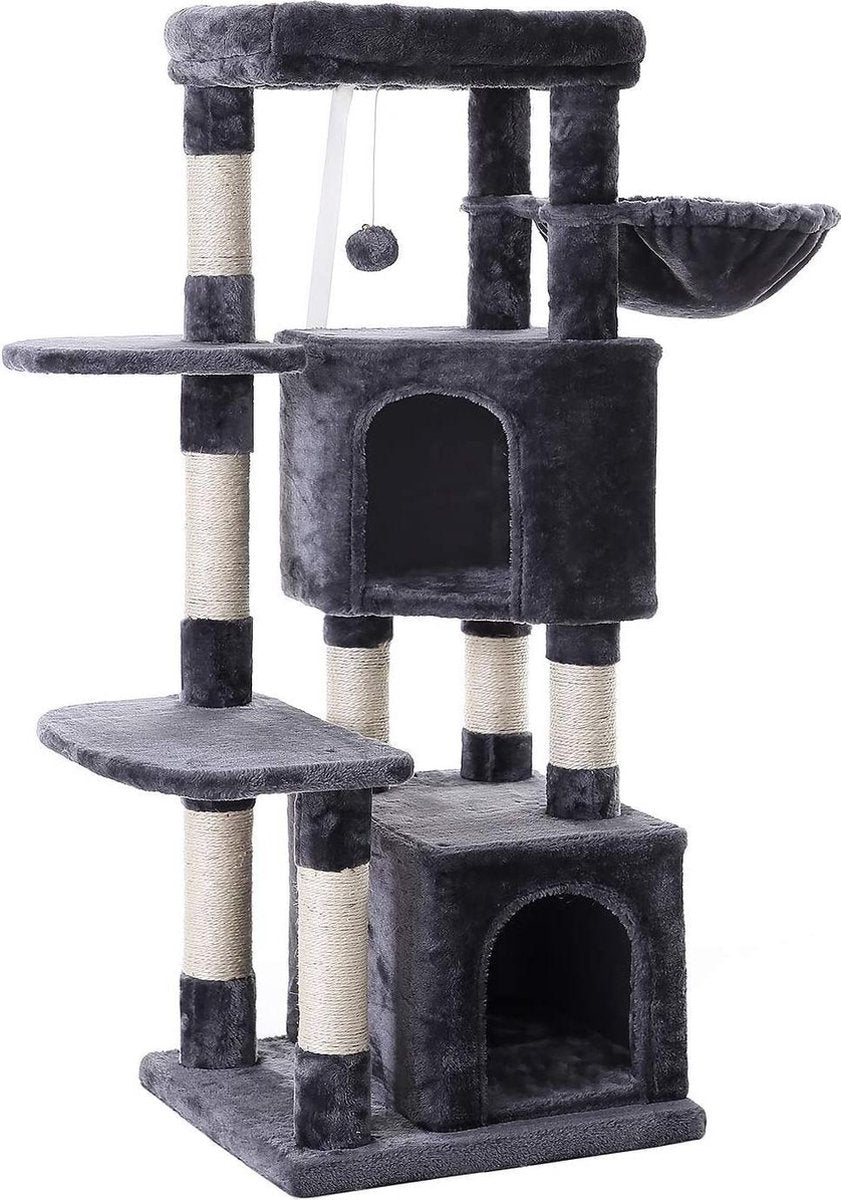 Katten krabpaal met twee huisjes en speeltjes voor meerdere katten