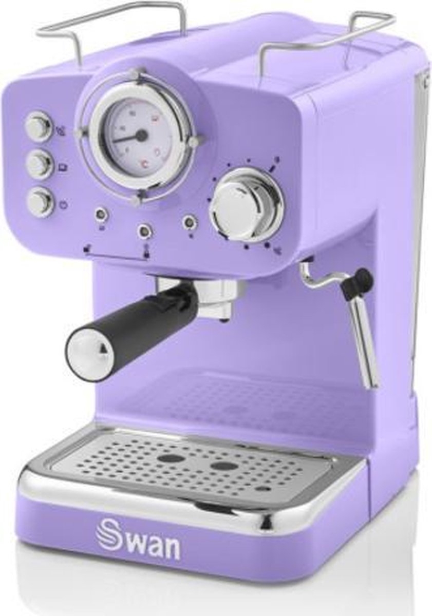 Swan Retro Espressomachine – Gebruikt Gemalen Koffie en Koffiepads – Paars