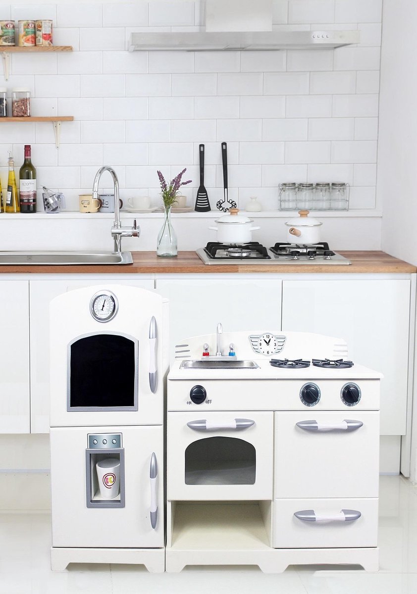 Witte houten speelgoedkeuken koelkast