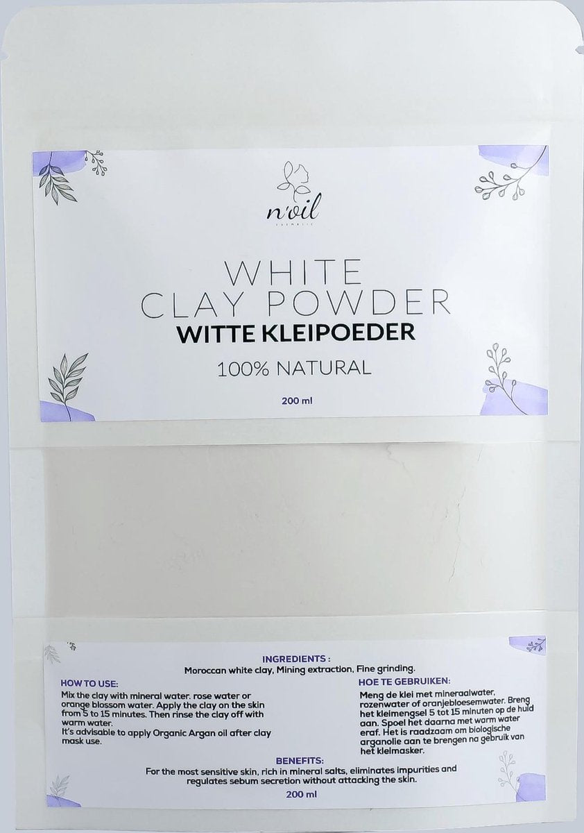 Huidverzorging- Witte kleipoeder voor gezichtsmasker- 100% natuurlijk-Hamam-masker - 200g-n'oil