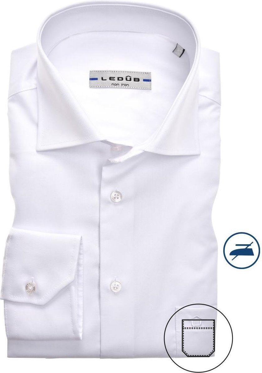 Ledub Modern Fit overhemd - mouwlengte 7 - wit twill - Strijkvrij - Boordmaat: 47