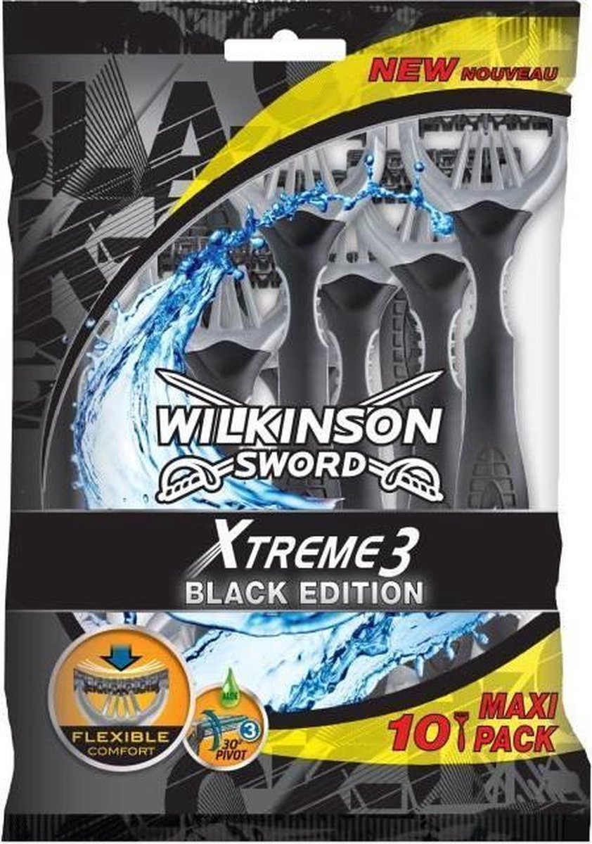 WILKINSON Xtreme3 zwart wegwerpscheerapparaat Set van 10 - draaibaar scheerhoofd - flexibele mesjes - Alo� Vera-blister