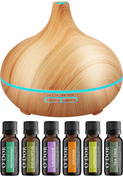 O'dor® Cadeau Set Aroma Diffuser met Extra 6 flesjes Etherische Olie - Vernevelaar - Luchtbevochtiger – Verdamper – Aromatherapie - Geurverspreider - Hout Look