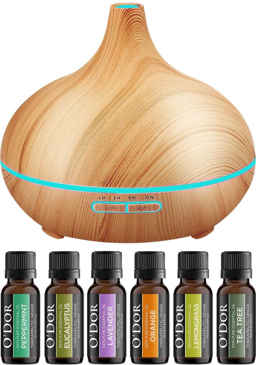 O'dor® Cadeau Set Aroma Diffuser met Extra 6 flesjes Etherische Olie - Vernevelaar - Luchtbevochtiger – Verdamper – Aromatherapie - Geurverspreider - Hout Look