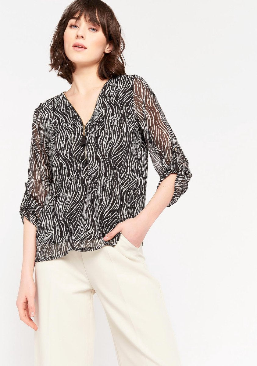 Blouse met zebra print en rits - Zwart