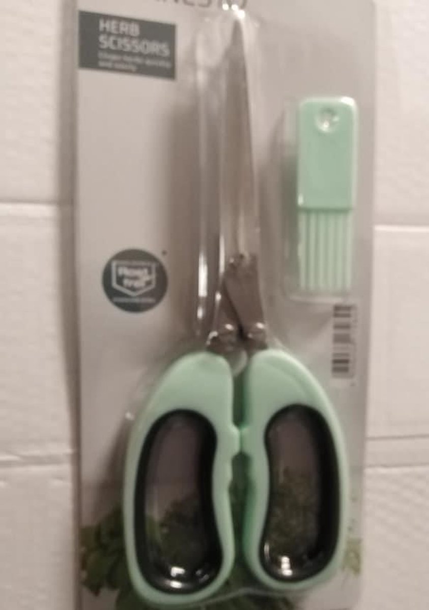 kruidenschaar  limekleur/  metaal/ 5 bladen van roestvrij edelstaal/ met reinigingskam