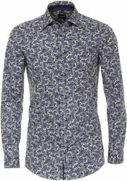 Venti Heren Overhemd Wit Met Blauwe Bloem Print Kent Body Fit - 40