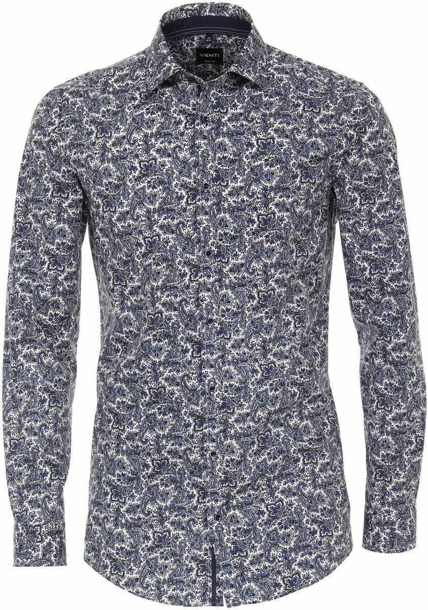 Venti Heren Overhemd Wit Met Blauwe Bloem Print Kent Body Fit - 40