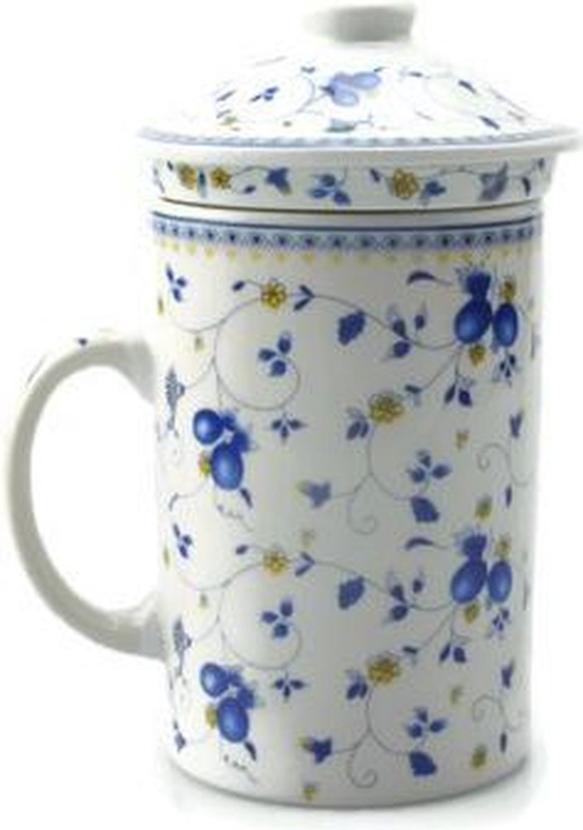 Theebeker / mok chinees / theebeker met zeef / theebeker met deksel / theebeker met filter H 15 cm Ø 8 cm design blauw wit