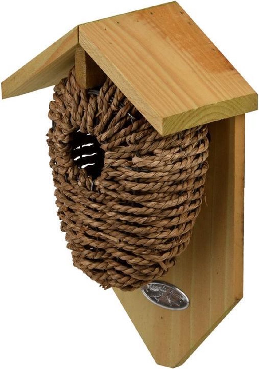Houten vogelhuisje/nestbuidel zeegras 26 cm - Vogelhuisjes tuindecoraties - Winterkoning nestje