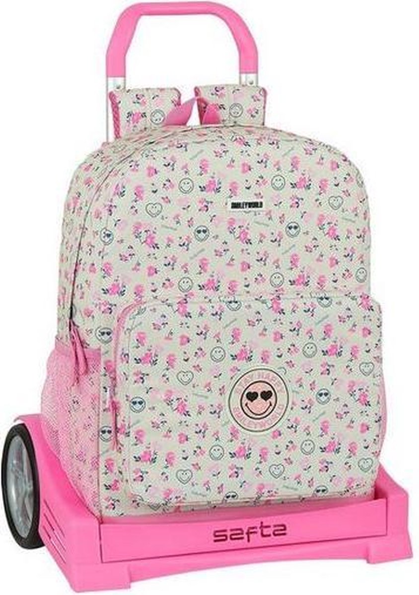 Schoolrugzak met Wielen Evolution Smiley World Garden Wit Roze