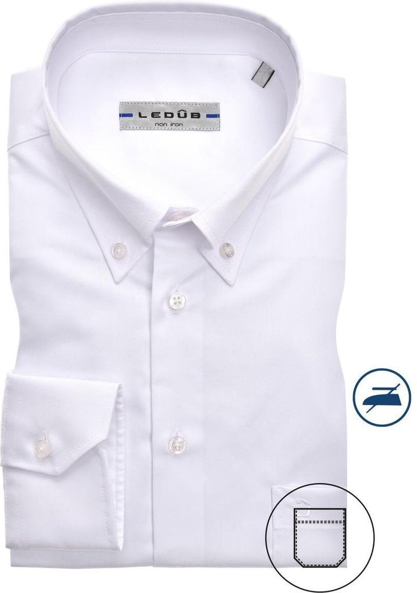 Ledub Modern Fit overhemd - wit twill - Strijkvriendelijk - Boordmaat: 47