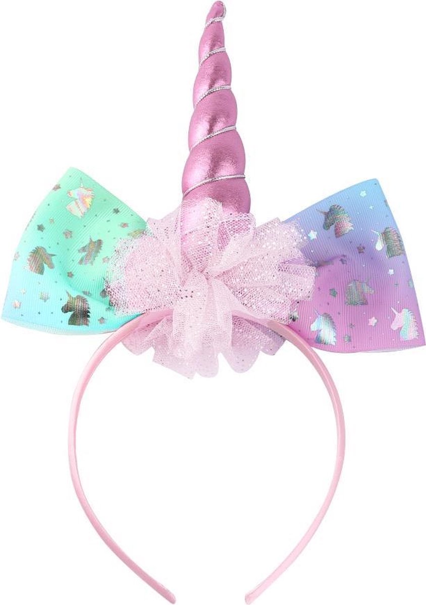 Eenhoorn diadeem lichtroze unicorn haarband regenboog met tule en strik - roze hoorn - gekleurde strik iridescent festival