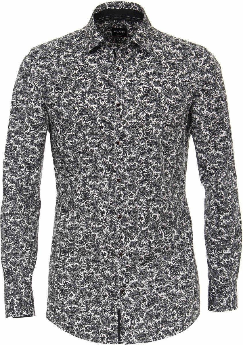 Venti Heren Overhemd Wit Met Zwarte Bloem Print Kent Body Fit - 40