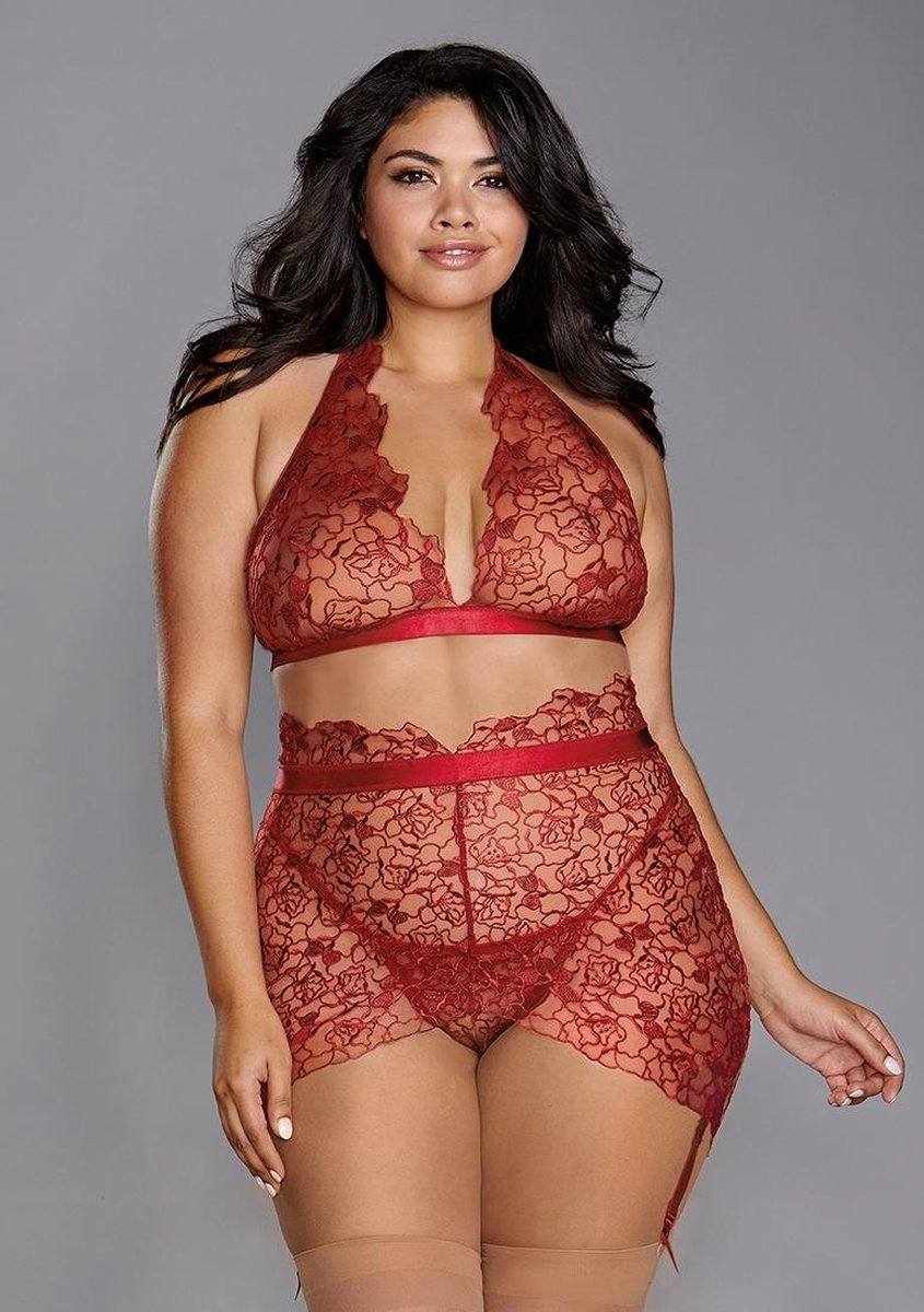Delicate Floral Embroidery Three-Piece Set - Garnet - Maat 1XL