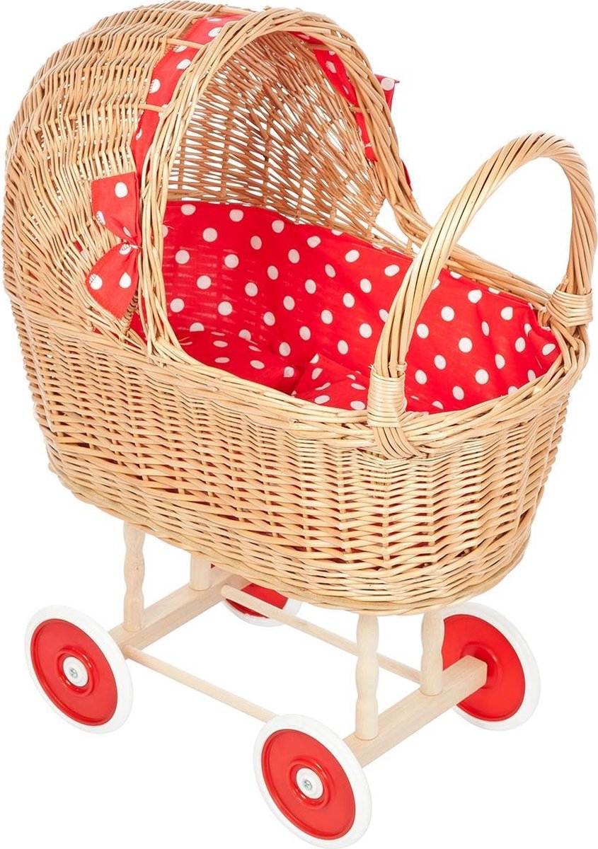 Rieten poppenwagen - Bekleding Rood met stipjes