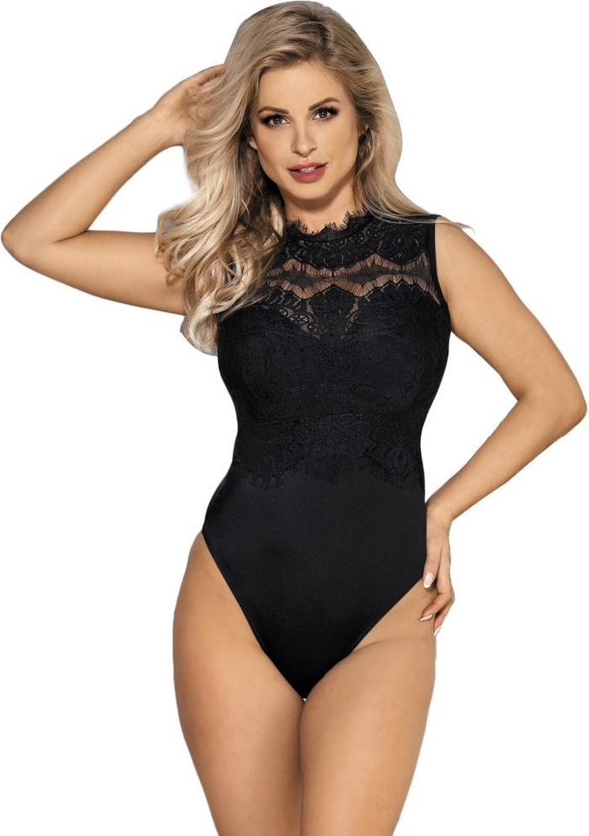 Zwarte kanten hooggesloten Body - Alba Black