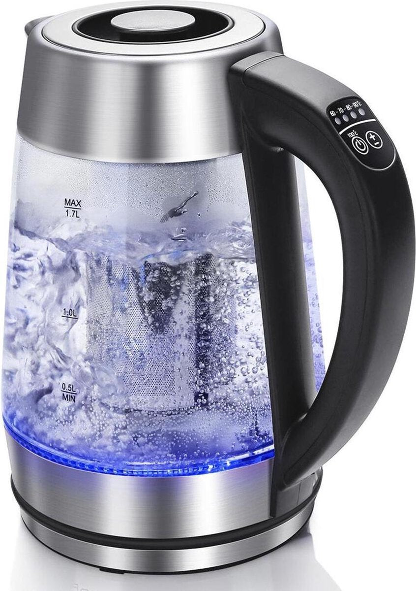 Waterkoker - Igna Cisy - LED Verlichting - Theefilter - 1.7 Liter - 2200 Watt - RVS/Glas - Zwart/Zilver