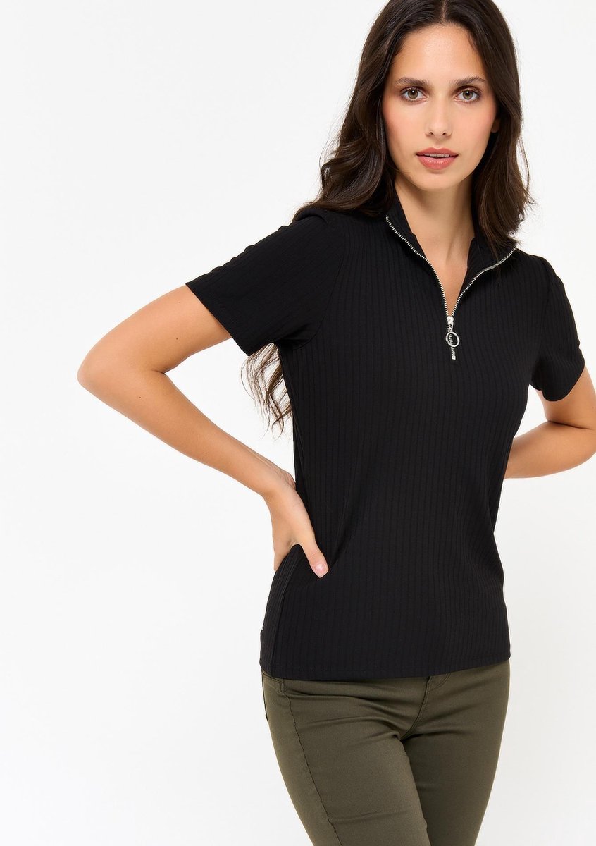 T-shirt met rits op de kraag - Zwart