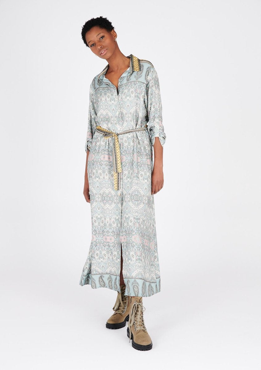 Maxi overhemd jurk met fijne print - Turquoise
