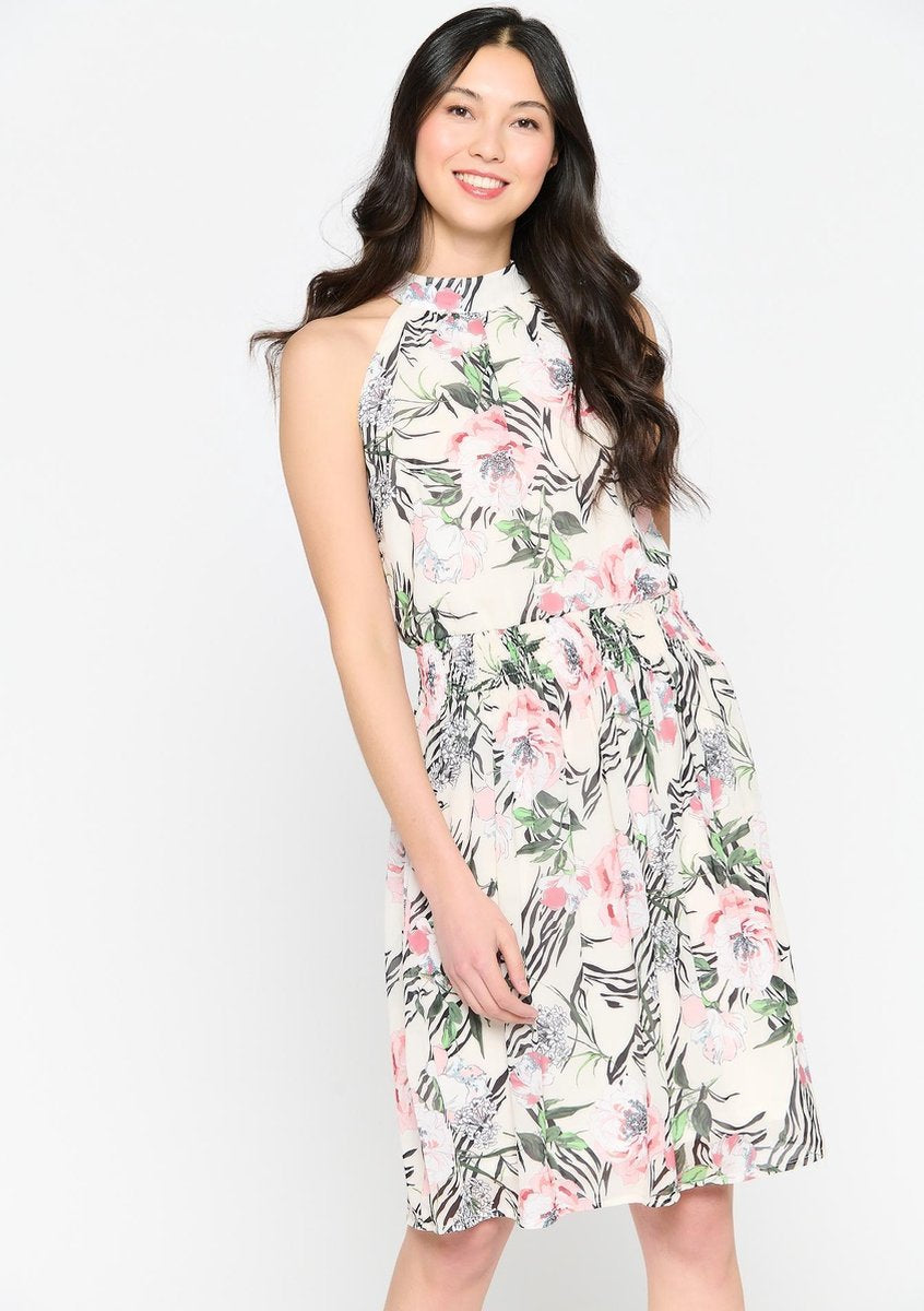 Halflange jurk met bloemenprint - Wit