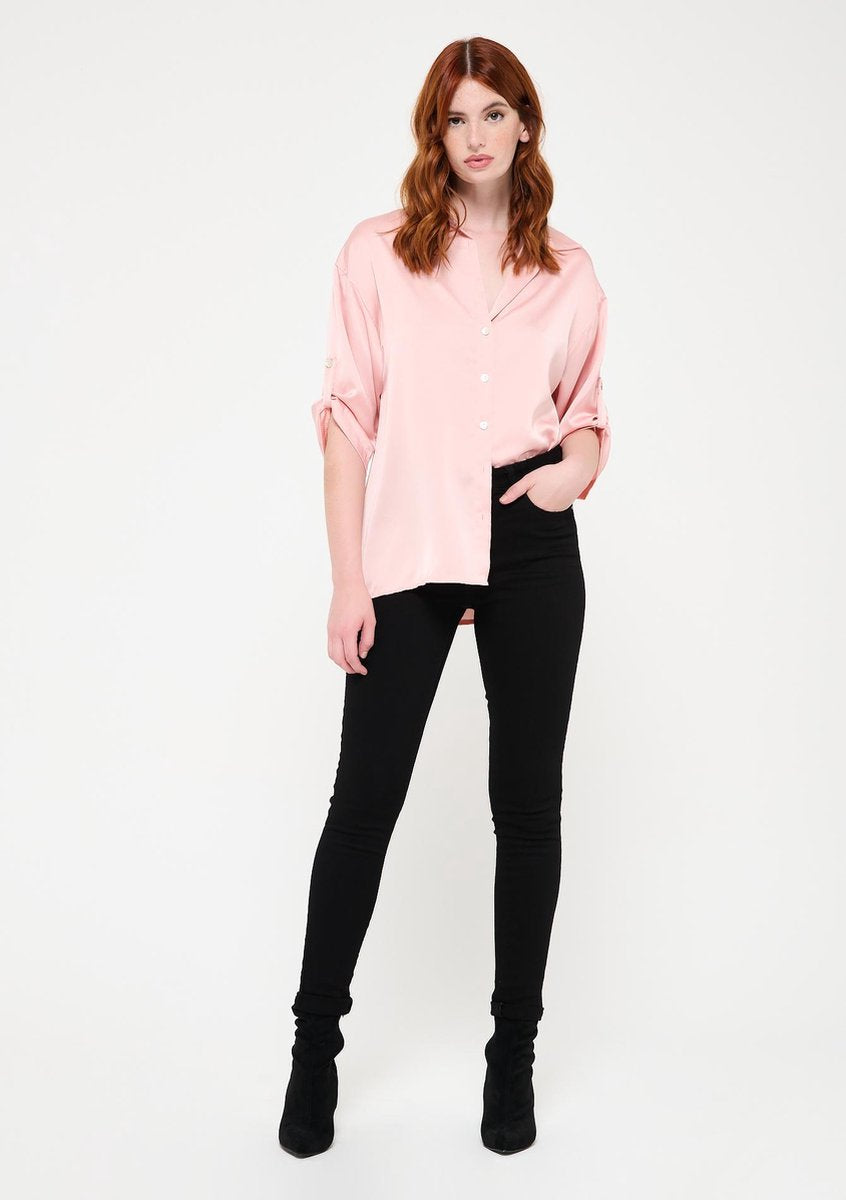 Satijnen blouse met halflange mouwen - Nude