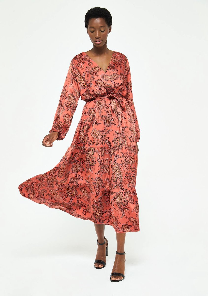 Lange jurk met print en lange mouwen - Rood