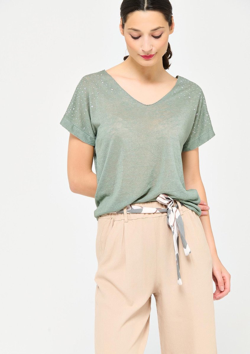 Wijd t-shirt met strass steentjes - Khaki