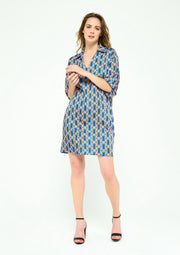 Jurk met retro print en wijde mouwen - Marine Blauw