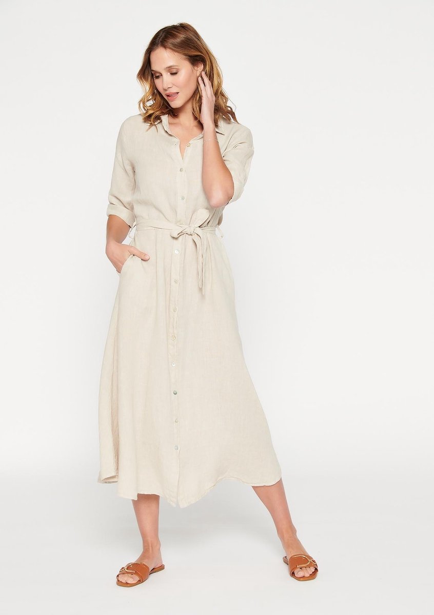 Maxi overhemd jurk met ceintuur - Beige