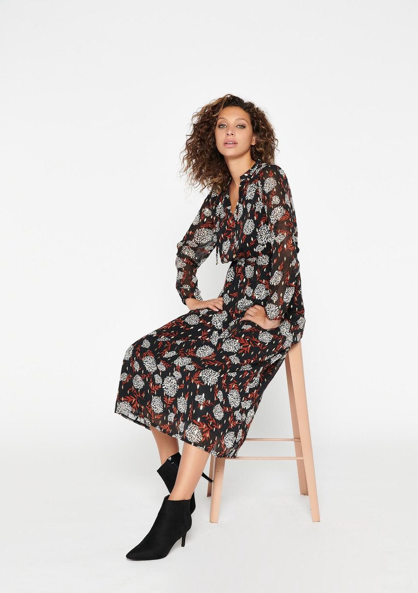 Maxi jurk met bloemen en lange mouwen - Roest