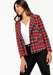 Geblokte tweed blazer met knopen - Rood