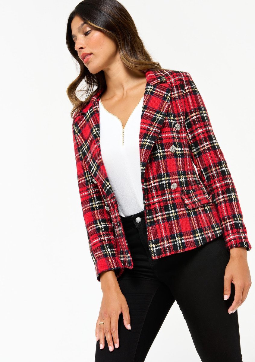 Geblokte tweed blazer met knopen - Rood