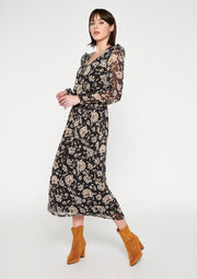 Maxi jurk met bloemen en lange mouwen - Camel